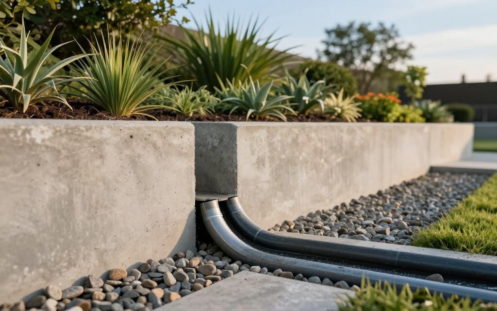 A detailed illustration of retaining wall drainage, showcasing an effective drainage system integrated into a retaining wall. In the foreground, depict a well-structured concrete retaining wall with visible drainage pipes and gravel backfill, illustrating how water is diverted away from the wall. The middle ground should feature a lush garden or landscaped area adjacent to the wall, emphasizing the importance of landscaping in supporting wall stability. In the background, include a serene outdoor environment with a clear blue sky, adding to the calm and preventative atmosphere. The lighting should be soft and natural, suggesting a late afternoon glow, enhancing the overall feel of maintenance and care. Use a slight angle from a low perspective to emphasize the wall’s construction and functionality, making the scene both informative and visually appealing. A detailed illustration of retaining wall drainage, showcasing an effective drainage system integrated into a retaining wall. In the foreground, depict a well-structured concrete retaining wall with visible drainage pipes and gravel backfill, illustrating how water is diverted away from the wall. The middle ground should feature a lush garden or landscaped area adjacent to the wall, emphasizing the importance of landscaping in supporting wall stability. In the background, include a serene outdoor environment with a clear blue sky, adding to the calm and preventative atmosphere. The lighting should be soft and natural, suggesting a late afternoon glow, enhancing the overall feel of maintenance and care. Use a slight angle from a low perspective to emphasize the wall’s construction and functionality, making the scene both informative and visually appealing.