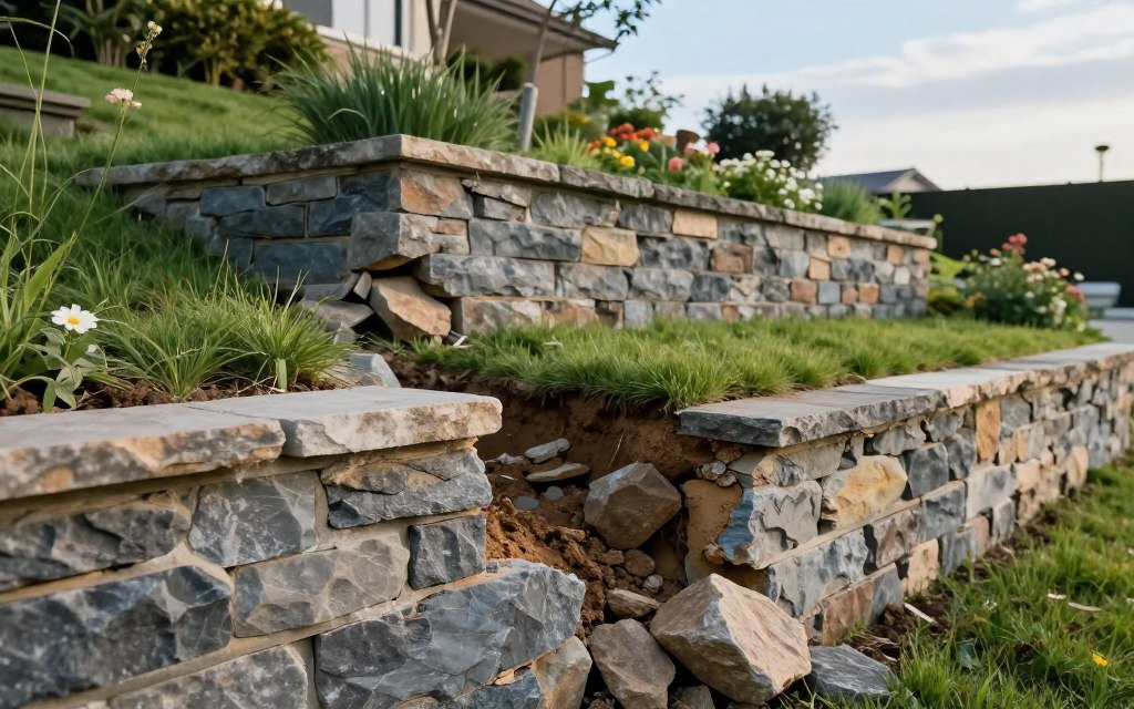 A detailed image of retaining walls in a residential setting, showcasing signs of potential failure. In the foreground, a close-up of a cracked, leaned-over section of the wall reveals distressed stone and soil erosion. In the middle ground, a well-constructed retaining wall looms, with sections exhibiting signs of water damage and displacement of rocks. Lush green grass and scattered flowers frame the retaining wall, leading to a slightly sloped garden area. The background features a clear blue sky with soft, diffused sunlight illuminating the scene, enhancing the mood of concern and vigilance. The perspective is slightly elevated, capturing both the wall's structure and the surrounding landscape, emphasizing its significance in preventing soil erosion. A detailed image of retaining walls in a residential setting, showcasing signs of potential failure. In the foreground, a close-up of a cracked, leaned-over section of the wall reveals distressed stone and soil erosion. In the middle ground, a well-constructed retaining wall looms, with sections exhibiting signs of water damage and displacement of rocks. Lush green grass and scattered flowers frame the retaining wall, leading to a slightly sloped garden area. The background features a clear blue sky with soft, diffused sunlight illuminating the scene, enhancing the mood of concern and vigilance. The perspective is slightly elevated, capturing both the wall's structure and the surrounding landscape, emphasizing its significance in preventing soil erosion.