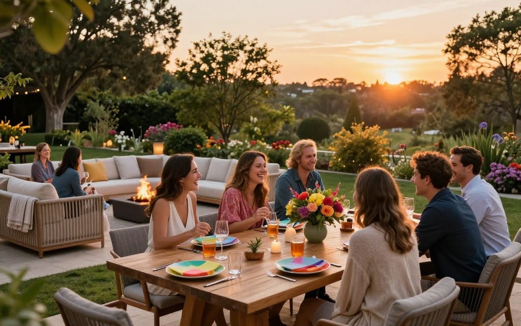 A vibrant outdoor entertainment scene, capturing the essence of an inviting outdoor living oasis. In the foreground, a stylish wooden dining table is adorned with colorful tableware and a centerpiece of fresh flowers. Lively guests, dressed in smart casual attire, are laughing and enjoying a meal together. In the middle ground, a cozy lounge area features plush outdoor sofas and warm ambient lighting, with soft throws draped over the furniture. A fire pit crackles softly, providing a warm glow. The background showcases lush greenery, including tall trees and blooming flowers, under a stunning sunset that casts a golden hue across the scene. The atmosphere is relaxed and cheerful, perfect for entertaining, shot from a slightly elevated angle to encompass the entire setting.