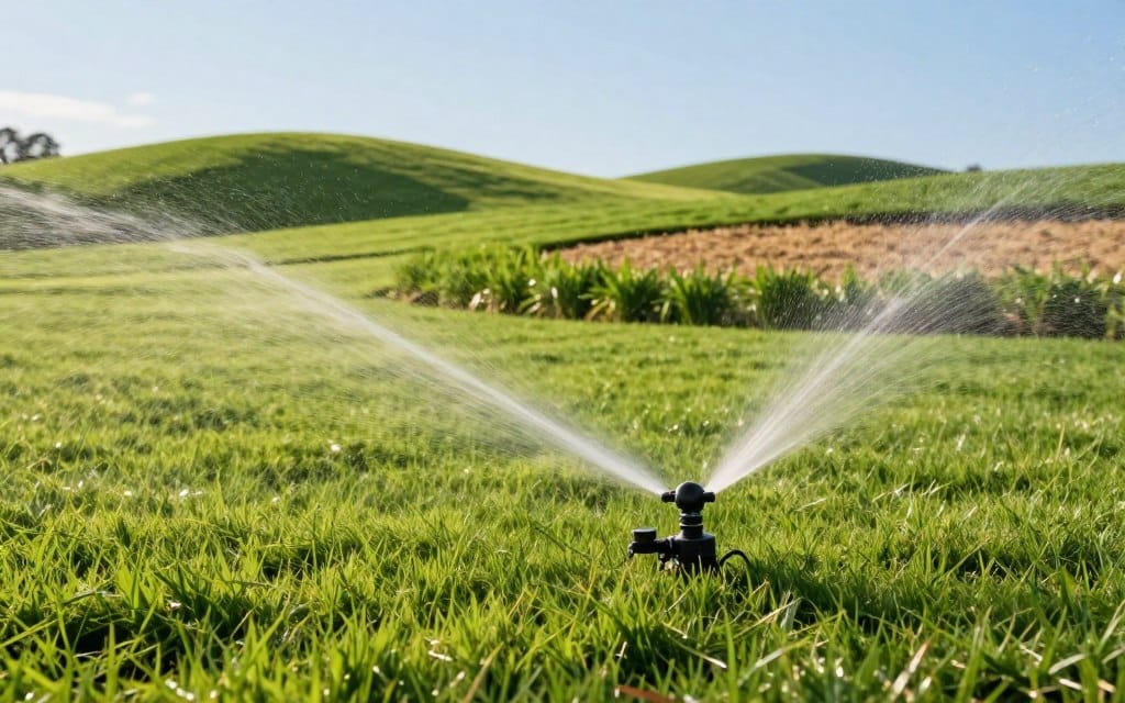 Automatic irrigation techniques are depicted in a lush, vibrant lawn setting. In the foreground, an advanced sprinkler system is positioned, demonstrating finely targeted water distribution over different grass types. The middle ground features varied lawn sections, showcasing healthy, vibrant greenery juxtaposed with drier patches, indicating zones needing more care. In the background, soft rolling hills and a clear blue sky create an idyllic environment, illuminated by warm midday sunlight that casts gentle shadows, enhancing the textures of the grass. The scene conveys a sense of tranquility and efficiency, inviting the viewer to appreciate modern irrigation methods. The composition is framed with a slightly low angle to emphasize the flourishing lawn and the innovative irrigation setup, all while maintaining a focus on clarity and detail, devoid of any text or logos.