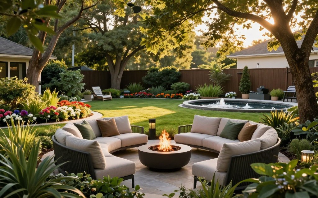 Backyard design showcasing a tranquil outdoor living oasis. In the foreground, a cozy seating area with plush, modern furniture arranged around a stylish fire pit, surrounded by lush greenery. The middle layer features a gracefully manicured lawn with vibrant flower beds, and a small water feature gently bubbling, emitting a soothing ambiance. In the background, tall trees provide natural shade, with sunlight filtering through the leaves, creating dappled patterns on the ground. The scene is set during golden hour, with warm, soft lighting that enhances the peaceful atmosphere. Capture this serene setting from a slightly elevated angle to showcase the harmonious layout, emphasizing the retreat-like feel of the space.