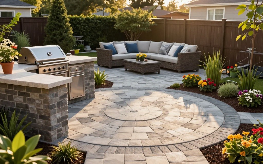 Backyard renovation and landscaping features are the focus of this image, showcasing a beautifully designed paver patio zoned specifically for cooking and lounging. In the foreground, there are elegant paver stones arranged in a circular pattern around a modern outdoor kitchen, complete with a sleek grill and counter space. The middle ground features a cozy lounge area with comfortable furniture and plush cushions, surrounded by carefully chosen plants that complement the patio design. In the background, a small garden showcases vibrant flowers and shrubs, emphasizing the importance of selecting appropriate plants for the space. The scene is lit by warm, late afternoon sunlight, casting soft shadows and creating a welcoming atmosphere. The perspective is slightly elevated, capturing the overall layout and harmony of the backyard design. Backyard renovation and landscaping features are the focus of this image, showcasing a beautifully designed paver patio zoned specifically for cooking and lounging. In the foreground, there are elegant paver stones arranged in a circular pattern around a modern outdoor kitchen, complete with a sleek grill and counter space. The middle ground features a cozy lounge area with comfortable furniture and plush cushions, surrounded by carefully chosen plants that complement the patio design. In the background, a small garden showcases vibrant flowers and shrubs, emphasizing the importance of selecting appropriate plants for the space. The scene is lit by warm, late afternoon sunlight, casting soft shadows and creating a welcoming atmosphere. The perspective is slightly elevated, capturing the overall layout and harmony of the backyard design.