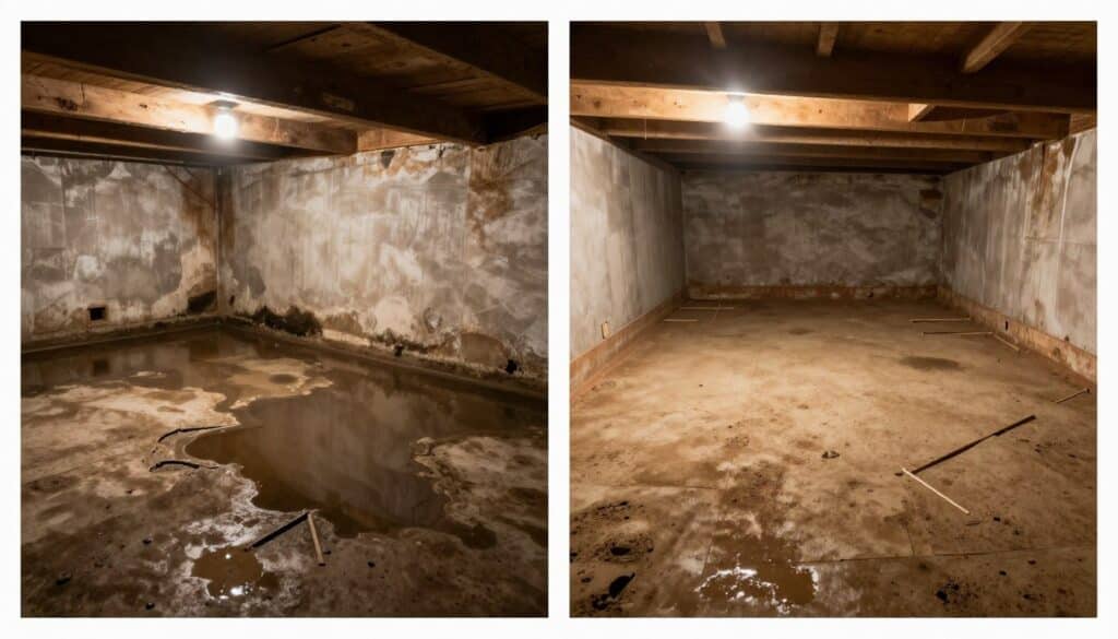 Basement proofing in Ludlow showing before and after comparison of dry basement transformation