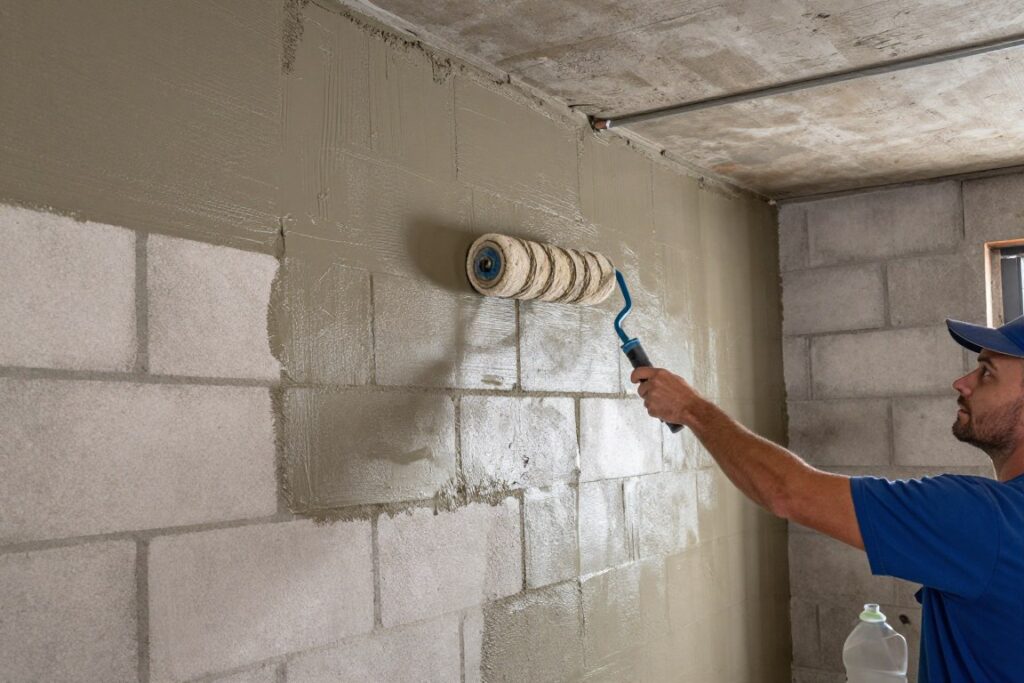Basement wall waterproofing application in Ludlow home