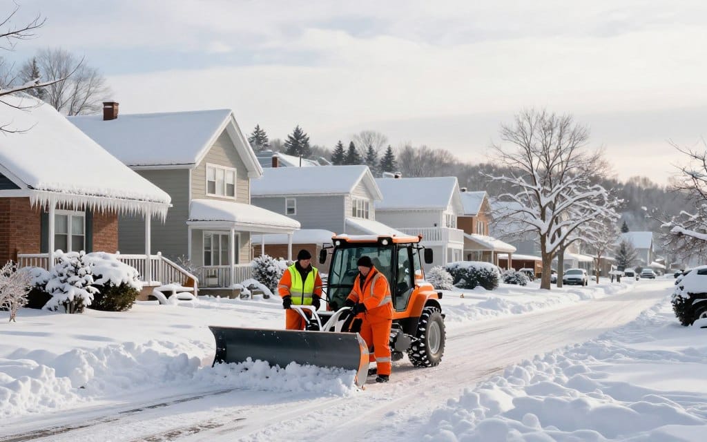 Commercial snow removal in Ludlow is depicted in a vibrant winter scene. In the foreground, a professional snow removal crew, dressed in bright orange and yellow winter gear, operates a large snow plow clearing a path in a residential neighborhood. In the middle ground, snow-covered houses with icicles hanging from eaves provide a charming backdrop, while a few snow-covered trees line the street. The background features a gentle slope of white snow leading up to a quiet, cloud-filled sky, hinting at more snow on the way. Soft, diffused morning light illuminates the scene, creating a crisp and clean atmosphere, highlighting the importance of professional services in maintaining safety and accessibility during winter months. Commercial snow removal in Ludlow is depicted in a vibrant winter scene. In the foreground, a professional snow removal crew, dressed in bright orange and yellow winter gear, operates a large snow plow clearing a path in a residential neighborhood. In the middle ground, snow-covered houses with icicles hanging from eaves provide a charming backdrop, while a few snow-covered trees line the street. The background features a gentle slope of white snow leading up to a quiet, cloud-filled sky, hinting at more snow on the way. Soft, diffused morning light illuminates the scene, creating a crisp and clean atmosphere, highlighting the importance of professional services in maintaining safety and accessibility during winter months.