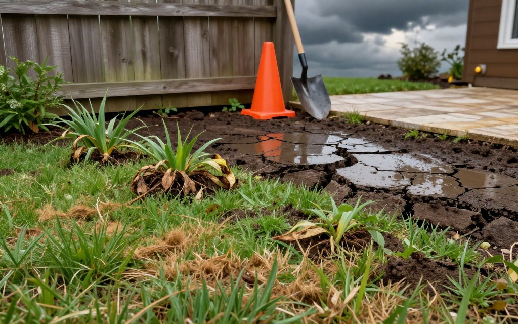 Common issues caused by bad soil in landscaping are illustrated in a detailed scene. In the foreground, show a patch of unhealthy grass with brown, patchy spots, combined with wilted plants suffering from root rot. In the middle ground, depict cracks in the soil, highlighting poor drainage and pooling water during rain. A small, orange warning cone and a garden shovel, leaning against a rustic wooden fence, emphasize the need for intervention. In the background, include a cloudy sky to enhance the dim mood, and softly lit landscape features like a stone patio that transition into the garden area. The angle should be slightly elevated to capture the entire scene with a focus on soil issues, creating a realistic yet illustrative representation for the article section. Common issues caused by bad soil in landscaping are illustrated in a detailed scene. In the foreground, show a patch of unhealthy grass with brown, patchy spots, combined with wilted plants suffering from root rot. In the middle ground, depict cracks in the soil, highlighting poor drainage and pooling water during rain. A small, orange warning cone and a garden shovel, leaning against a rustic wooden fence, emphasize the need for intervention. In the background, include a cloudy sky to enhance the dim mood, and softly lit landscape features like a stone patio that transition into the garden area. The angle should be slightly elevated to capture the entire scene with a focus on soil issues, creating a realistic yet illustrative representation for the article section.