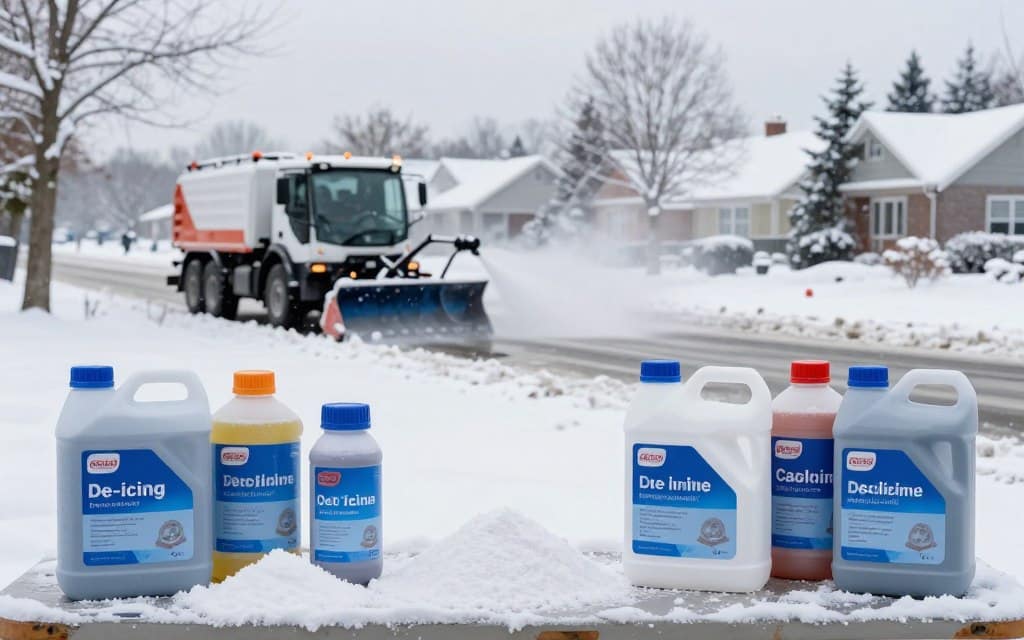 De-Icing Techniques and Products are illustrated in a professional outdoor setting during winter. In the foreground, various de-icing products such as salt, calcium chloride, and liquid de-icers are neatly arranged on a table covered in snow. In the middle ground, a snow removal vehicle is actively applying a de-icing agent to a snow-covered road, its spray creating a slight mist in the chilly air. The background features a wintry landscape of trees and a suburban neighborhood blanketed in fresh snow, with soft overcast lighting casting a cool, serene ambiance. The angle is slightly elevated, capturing the entirety of the scene while ensuring a clear view of the de-icing techniques in action. The mood is practical and industrious, emphasizing the importance of effective winter maintenance in a snowy environment. De-Icing Techniques and Products are illustrated in a professional outdoor setting during winter. In the foreground, various de-icing products such as salt, calcium chloride, and liquid de-icers are neatly arranged on a table covered in snow. In the middle ground, a snow removal vehicle is actively applying a de-icing agent to a snow-covered road, its spray creating a slight mist in the chilly air. The background features a wintry landscape of trees and a suburban neighborhood blanketed in fresh snow, with soft overcast lighting casting a cool, serene ambiance. The angle is slightly elevated, capturing the entirety of the scene while ensuring a clear view of the de-icing techniques in action. The mood is practical and industrious, emphasizing the importance of effective winter maintenance in a snowy environment.