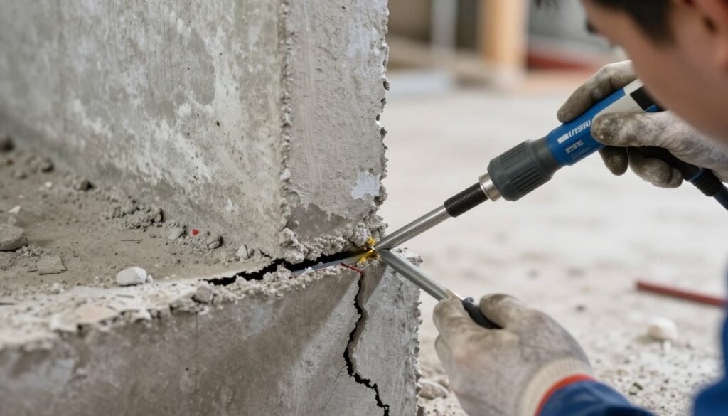 Foundation repair work being performed on Ludlow home showing crack repair process