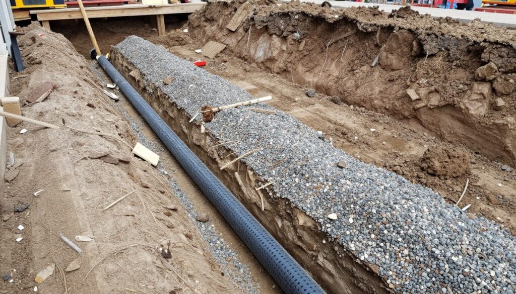 French drain installation for basement drainage in Ludlow