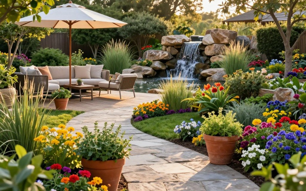 Garden landscaping showcases a serene outdoor living oasis, featuring lush greenery, vibrant flower beds, and comfortable seating areas. In the foreground, a stone pathway meanders through colorful blooms, with terracotta pots overflowing with herbs. The middle ground reveals a wooden deck adorned with plush outdoor furniture and a large umbrella for shade. In the background, a gentle waterfall cascades amidst meticulously arranged rocks, surrounded by ornamental grasses and trees, creating a tranquil soundscape. The scene is bathed in soft, golden hour sunlight, casting warm shadows and enhancing the rich colors of the flora. Capture the beauty from a slightly elevated perspective to encompass the entire space, inviting a peaceful and harmonious atmosphere perfect for relaxation and gatherings.