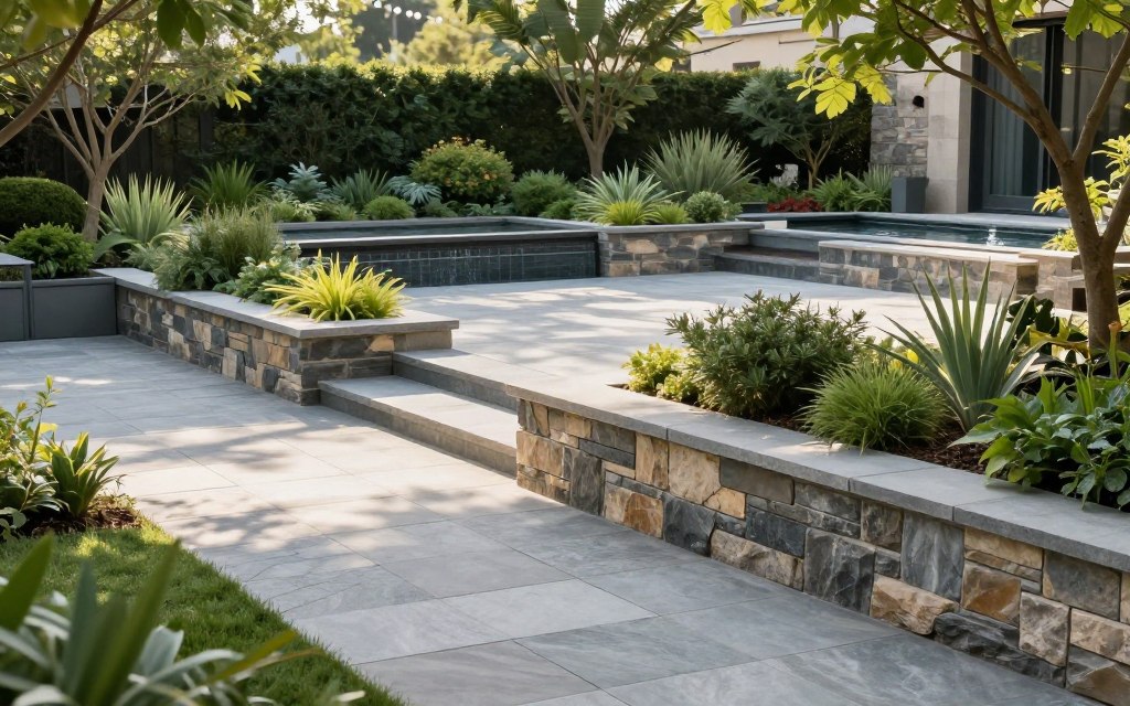 Hardscaping is depicted in a modern garden setting showcasing various elements such as stone pathways, patio areas, and retaining walls made of natural stone. In the foreground, a well-maintained flagstone walkway leads to a spacious area designed for outdoor entertaining, surrounded by lush greenery. The middle ground features structured planters with ornamental shrubs and native plants, creating a harmonious balance between hard and soft landscaping. The background reveals a tranquil water feature, enhancing the serene atmosphere. Soft sunlight filters through the trees, casting gentle shadows. The mood is calm and inviting, ideal for enjoying outdoor spaces. The perspective is slightly elevated, capturing the layout of the hardscaping and its integration with the garden's natural beauty. Hardscaping is depicted in a modern garden setting showcasing various elements such as stone pathways, patio areas, and retaining walls made of natural stone. In the foreground, a well-maintained flagstone walkway leads to a spacious area designed for outdoor entertaining, surrounded by lush greenery. The middle ground features structured planters with ornamental shrubs and native plants, creating a harmonious balance between hard and soft landscaping. The background reveals a tranquil water feature, enhancing the serene atmosphere. Soft sunlight filters through the trees, casting gentle shadows. The mood is calm and inviting, ideal for enjoying outdoor spaces. The perspective is slightly elevated, capturing the layout of the hardscaping and its integration with the garden's natural beauty.