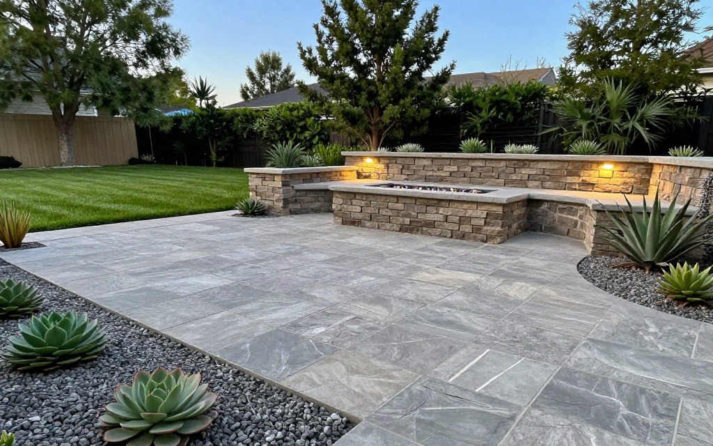 Hardscaping transforms outdoor spaces, enhancing their beauty and functionality. In the foreground, depict a beautifully designed patio made of large, textured stone tiles, surrounded by carefully arranged decorative gravel and low-maintenance succulents. In the middle ground, showcase a cohesive layout featuring a stylish retaining wall and a fire pit, with strategically placed landscape lighting illuminating the elements softly. In the background, include a lush green lawn and trees, providing a contrast to the hard surfaces, with a clear blue sky above. The scene should be captured from a slightly elevated angle, creating depth and inviting viewers into the space. The overall atmosphere should feel welcoming and serene, highlighting the benefits of hardscaping in improving outdoor usability and aesthetics. Hardscaping transforms outdoor spaces, enhancing their beauty and functionality. In the foreground, depict a beautifully designed patio made of large, textured stone tiles, surrounded by carefully arranged decorative gravel and low-maintenance succulents. In the middle ground, showcase a cohesive layout featuring a stylish retaining wall and a fire pit, with strategically placed landscape lighting illuminating the elements softly. In the background, include a lush green lawn and trees, providing a contrast to the hard surfaces, with a clear blue sky above. The scene should be captured from a slightly elevated angle, creating depth and inviting viewers into the space. The overall atmosphere should feel welcoming and serene, highlighting the benefits of hardscaping in improving outdoor usability and aesthetics.
