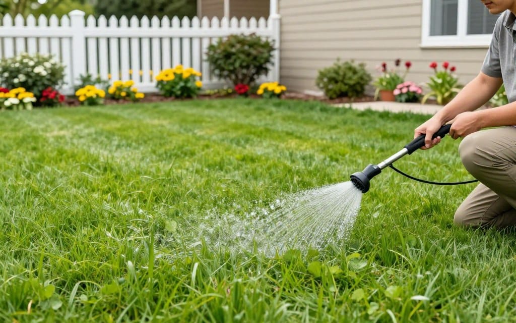 Healthy green lawn maintenance is the focus of this image, showcasing a vibrant, lush lawn in peak condition. In the foreground, a gardener wearing modest casual clothing is kneeling while using a handheld irrigation tool to water a patch of grass. The middle ground features evenly trimmed grass and healthy flowers, symbolizing optimal lawn health. In the background, a well-maintained home with a white picket fence and blooming shrubs creates a peaceful suburban atmosphere. Soft, natural lighting bathes the scene, highlighting the bright greens and rich earth tones, evoking a sense of serenity and dedication to lawn care. The angle captures the depth of the yard, emphasizing the verdant landscape.