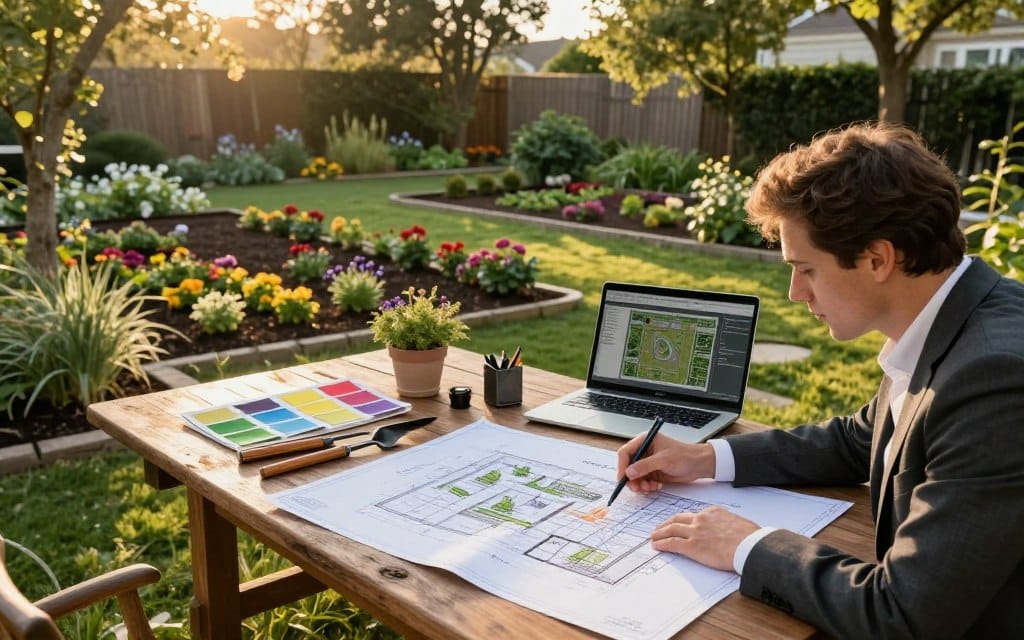 Landscaping design planning unfolds in a serene outdoor setting, showcasing a detailed blueprint spread across a rustic wooden table surrounded by lush greenery. In the foreground, an experienced landscape designer, dressed in professional business attire, examines the layout with a thoughtful expression. The middle ground features colorful plant samples, garden tools, and a laptop displaying design software, all illuminated by warm golden hour sunlight filtering through the trees. In the background, a partially landscaped yard shows contrasting areas of well-planned flower beds alongside overgrown weeds, symbolizing the mistakes of poor design choices. The atmosphere is focused and contemplative, conveying the importance of careful planning in landscaping. Landscaping design planning unfolds in a serene outdoor setting, showcasing a detailed blueprint spread across a rustic wooden table surrounded by lush greenery. In the foreground, an experienced landscape designer, dressed in professional business attire, examines the layout with a thoughtful expression. The middle ground features colorful plant samples, garden tools, and a laptop displaying design software, all illuminated by warm golden hour sunlight filtering through the trees. In the background, a partially landscaped yard shows contrasting areas of well-planned flower beds alongside overgrown weeds, symbolizing the mistakes of poor design choices. The atmosphere is focused and contemplative, conveying the importance of careful planning in landscaping.