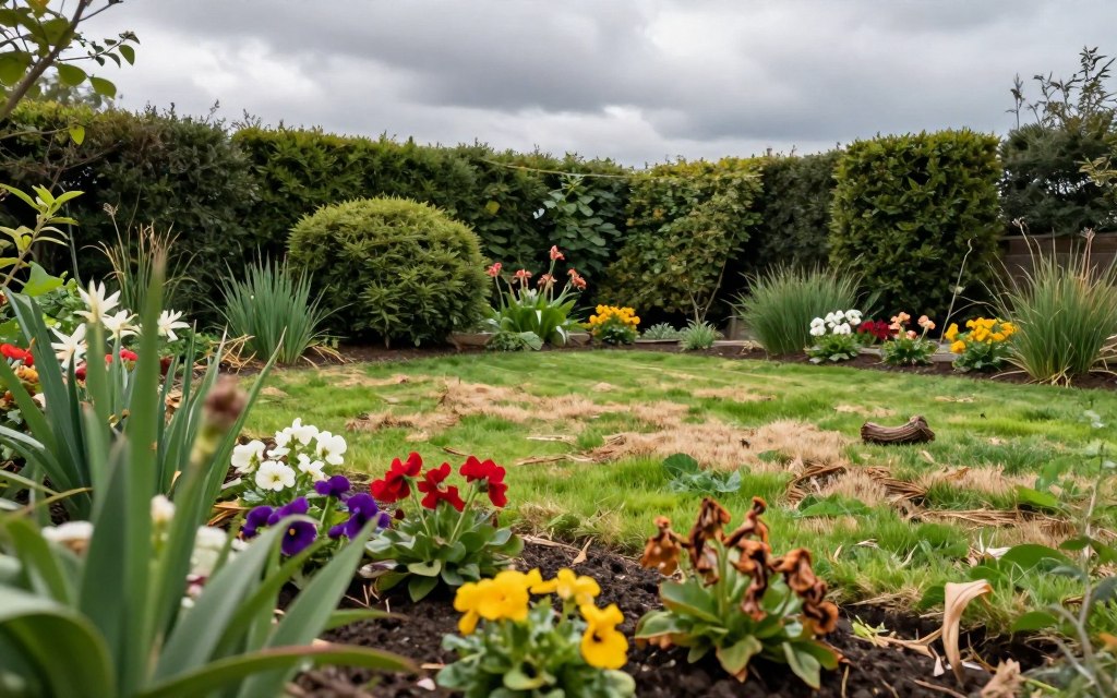 Landscaping environmental variables are depicted in a serene garden setting, highlighting common mistakes in landscaping. In the foreground, vibrant flowers and wilting plants contrast, showcasing poor plant choices and arrangement. In the middle ground, an uneven lawn and dried patches indicate improper watering techniques, while a neglected flower bed hints at inadequate soil management. The background features a cloudy sky reflecting an overcast mood, with geometrically arranged shrubs sloppily pruned, adding to the sense of neglect. The image is illuminated by soft, diffused light, casting gentle shadows that enhance the textures of the foliage, and shot from a low angle to create depth and focus on the landscaping issues. The overall atmosphere conveys a sense of caution and awareness of the mistakes in landscaping practices. Landscaping environmental variables are depicted in a serene garden setting, highlighting common mistakes in landscaping. In the foreground, vibrant flowers and wilting plants contrast, showcasing poor plant choices and arrangement. In the middle ground, an uneven lawn and dried patches indicate improper watering techniques, while a neglected flower bed hints at inadequate soil management. The background features a cloudy sky reflecting an overcast mood, with geometrically arranged shrubs sloppily pruned, adding to the sense of neglect. The image is illuminated by soft, diffused light, casting gentle shadows that enhance the textures of the foliage, and shot from a low angle to create depth and focus on the landscaping issues. The overall atmosphere conveys a sense of caution and awareness of the mistakes in landscaping practices.