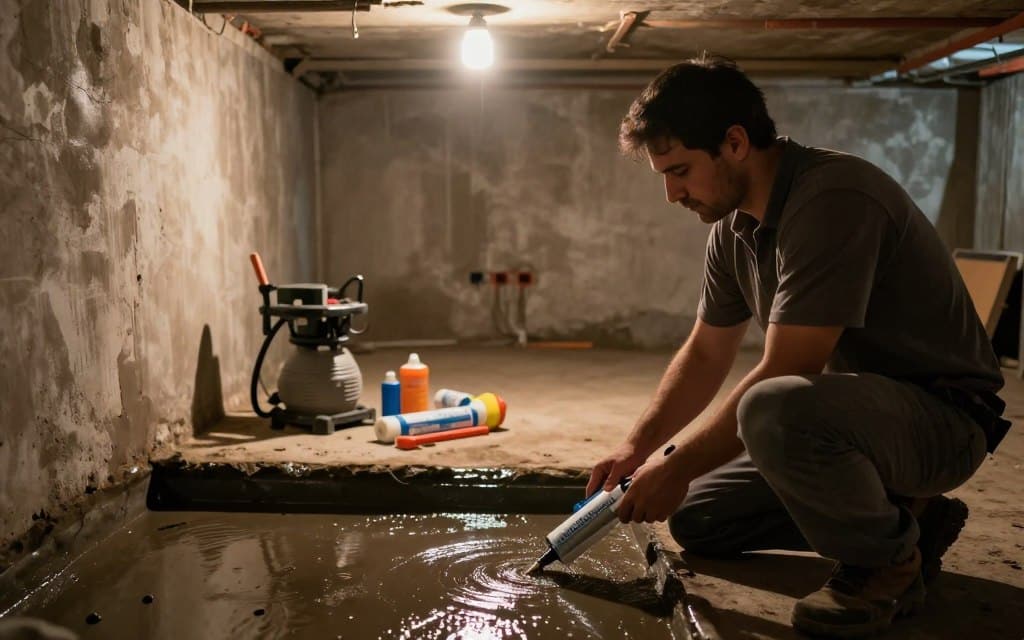Ludlow basement waterproofing is illustrated with a focus on an interior basement scene. In the foreground, a professional worker in modest casual clothing examines foundation walls, demonstrating the waterproofing process. The middle ground features tools like a sump pump and sealing materials neatly arranged. In the background, dim ambient lighting creates a slightly damp atmosphere, showcasing exposed pipes and water stains on the wall, indicative of water damage risks. The room is partially illuminated by a single overhead light, casting soft shadows. The mood evokes a sense of urgency and professionalism, highlighting the importance of addressing water damage to protect property. Ludlow basement waterproofing is illustrated with a focus on an interior basement scene. In the foreground, a professional worker in modest casual clothing examines foundation walls, demonstrating the waterproofing process. The middle ground features tools like a sump pump and sealing materials neatly arranged. In the background, dim ambient lighting creates a slightly damp atmosphere, showcasing exposed pipes and water stains on the wall, indicative of water damage risks. The room is partially illuminated by a single overhead light, casting soft shadows. The mood evokes a sense of urgency and professionalism, highlighting the importance of addressing water damage to protect property.