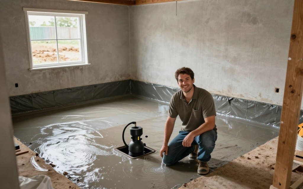 Ludlow basement waterproofing is the focal point of this image, showcasing a well-lit, dry basement environment that contrasts sharply with the damp and muddy exterior visible through a small window. In the foreground, a smiling professional in modest casual clothing inspects the waterproofing system, highlighting the importance of home safety. The middle layer features clean, modern waterproofing materials and a sump pump, efficiently managing water flow. In the background, glimpses of the muddy yard outside reinforce the necessity of this basement treatment. The lighting is bright and natural, enhancing the sense of security and comfort. Capture a wide-angle perspective to convey the spaciousness of the basement and the effectiveness of the waterproofing solution, inviting viewers into a worry-free home atmosphere. Ludlow basement waterproofing is the focal point of this image, showcasing a well-lit, dry basement environment that contrasts sharply with the damp and muddy exterior visible through a small window. In the foreground, a smiling professional in modest casual clothing inspects the waterproofing system, highlighting the importance of home safety. The middle layer features clean, modern waterproofing materials and a sump pump, efficiently managing water flow. In the background, glimpses of the muddy yard outside reinforce the necessity of this basement treatment. The lighting is bright and natural, enhancing the sense of security and comfort. Capture a wide-angle perspective to convey the spaciousness of the basement and the effectiveness of the waterproofing solution, inviting viewers into a worry-free home atmosphere.