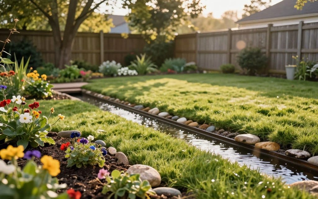 Ludlow drainage solutions are illustrated through a serene backyard setting, featuring a freshly installed drainage system. In the foreground, show well-maintained garden beds with vibrant flowers surrounding a discreet drainage grate. The middle ground includes gently sloping terrain leading into a small, clear channel collecting rainwater, accented by smooth stones and lush grass. In the background, depict a soft-focus view of a quaint wooden fence and mature trees, their leaves rustling in a gentle breeze. The scene is bathed in warm, natural lighting of early morning or late afternoon, enhancing the tranquility and inviting atmosphere. A wide-angle perspective showcases the entirety of the yard, emphasizing the effective drainage solution in a picturesque Ludlow environment. Ludlow drainage solutions are illustrated through a serene backyard setting, featuring a freshly installed drainage system. In the foreground, show well-maintained garden beds with vibrant flowers surrounding a discreet drainage grate. The middle ground includes gently sloping terrain leading into a small, clear channel collecting rainwater, accented by smooth stones and lush grass. In the background, depict a soft-focus view of a quaint wooden fence and mature trees, their leaves rustling in a gentle breeze. The scene is bathed in warm, natural lighting of early morning or late afternoon, enhancing the tranquility and inviting atmosphere. A wide-angle perspective showcases the entirety of the yard, emphasizing the effective drainage solution in a picturesque Ludlow environment.