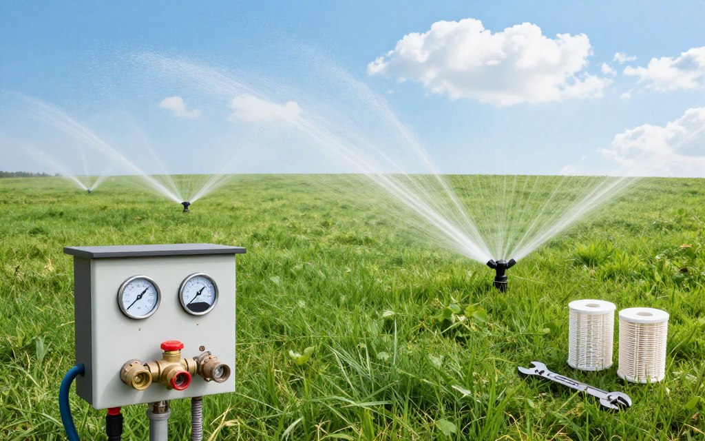 Maintenance tips for irrigation systems come to life in a visually engaging way. In the foreground, a well-maintained irrigation control panel displays gauges and valves, suggesting meticulous upkeep. The middle ground features a lush, green lawn with sprinkler heads strategically placed, showcasing proper system layout. In the background, a bright blue sky with a few fluffy clouds. The scene is bathed in soft, natural lighting to convey a warm, inviting atmosphere, highlighting the vibrancy of healthy grass. Include tools such as a wrench and filters nearby to indicate hands-on maintenance tasks. The image should have a serene, informative mood, perfect for an educational article section. Use a wide-angle lens to encompass all elements harmoniously, ensuring a balanced composition.
