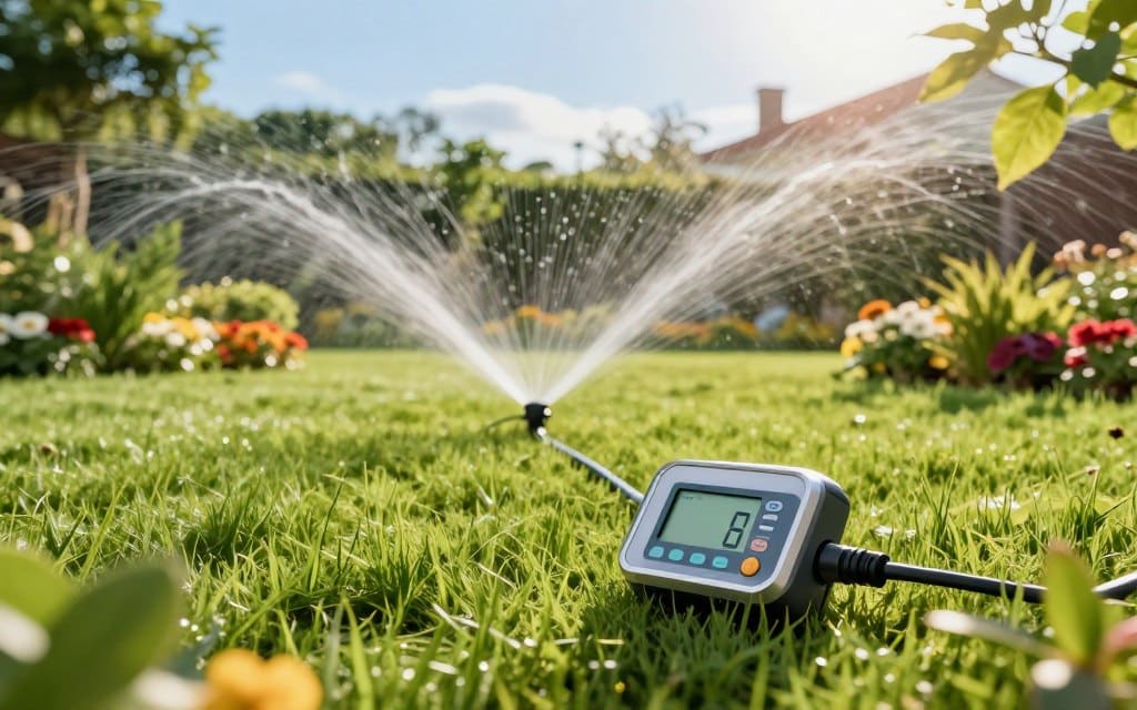 Modern irrigation controllers for home lawns are depicted in a beautifully landscaped garden setting. In the foreground, focus on a sleek, high-tech irrigation controller with a digital display, surrounded by vibrant, healthy grass and colorful flower beds. In the middle ground, a network of underground pipes and sprinklers is slightly visible, demonstrating their integration into the lawn ecosystem. The background features a sunny day with clear blue skies, casting soft, warm light onto the scene, enhancing the greenery's vivid colors. A gentle breeze is suggested by the slightly swaying leaves, creating an atmosphere of tranquility and efficiency. The image captures the essence of automated lawn care, emphasizing advanced technology working harmoniously with nature.