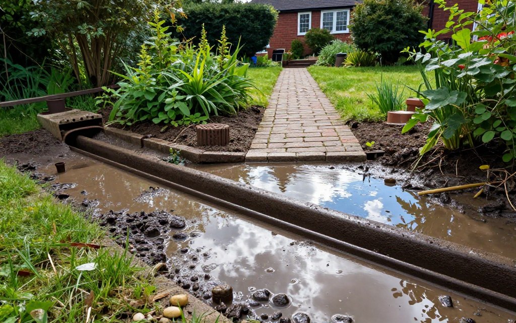Muddy Yard? Drainage and Water Proofing in Ludlow focuses on effective drainage solutions. In the foreground, showcase a well-designed drainage system featuring sloped paths, trenches, and surface drains amidst lush greenery. The middle ground should include a partially submerged yard with water pooling near garden beds and a charming brick pathway leading toward a house in the background. Utilize natural sunlight filtering through clouds to create a bright yet moody atmosphere, with reflections on the standing water adding depth and texture. Position the scene at eye level to emphasize the effectiveness of the drainage solutions, highlighting components like perforated pipes and stones. Ensure the overall composition evokes a sense of tranquility while addressing the muddy yard issue. Muddy Yard? Drainage and Water Proofing in Ludlow focuses on effective drainage solutions. In the foreground, showcase a well-designed drainage system featuring sloped paths, trenches, and surface drains amidst lush greenery. The middle ground should include a partially submerged yard with water pooling near garden beds and a charming brick pathway leading toward a house in the background. Utilize natural sunlight filtering through clouds to create a bright yet moody atmosphere, with reflections on the standing water adding depth and texture. Position the scene at eye level to emphasize the effectiveness of the drainage solutions, highlighting components like perforated pipes and stones. Ensure the overall composition evokes a sense of tranquility while addressing the muddy yard issue.
