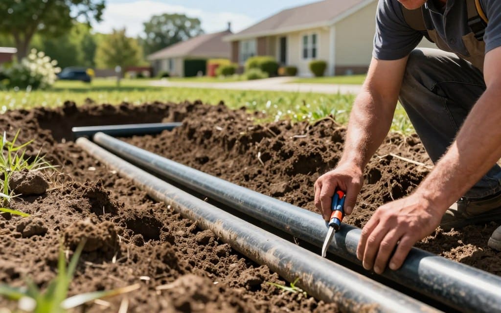 Muddy yard? Create a detailed image of a drainage system installation in a residential property setting. In the foreground, show a close-up of a professional in modest work attire inspecting drainage pipes with tools in hand, focused on the task. In the middle, depict a partially excavated yard, showcasing strategically placed drainage channels and a sump pit surrounded by rich, dark soil and patches of mud. In the background, illustrate a suburban home with lush greenery and a clear blue sky. Use natural lighting to highlight the texture of the soil and the sheen of the drainage materials, creating a fresh and optimistic atmosphere that conveys effective property water management. Muddy yard? Create a detailed image of a drainage system installation in a residential property setting. In the foreground, show a close-up of a professional in modest work attire inspecting drainage pipes with tools in hand, focused on the task. In the middle, depict a partially excavated yard, showcasing strategically placed drainage channels and a sump pit surrounded by rich, dark soil and patches of mud. In the background, illustrate a suburban home with lush greenery and a clear blue sky. Use natural lighting to highlight the texture of the soil and the sheen of the drainage materials, creating a fresh and optimistic atmosphere that conveys effective property water management.