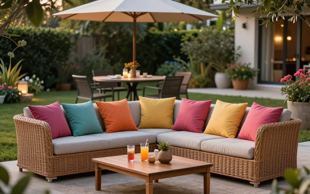 Outdoor furniture set in a beautiful, serene backyard oasis, featuring a stylish rattan sectional sofa adorned with plush, vibrant cushions. In the foreground, a hand-crafted wooden coffee table holds refreshing drinks and elegant decorative items. The middle layer showcases an inviting dining area with a contemporary metal table surrounded by sleek chairs, under a large, soft umbrella for shade. In the background, lush greenery, flowering plants, and soft, ambient outdoor lighting create a warm, inviting atmosphere reminiscent of a tranquil retreat. The image is captured in natural golden hour lighting, enhancing the richness of colors and textures, with a shallow depth of field to focus on the furniture, while providing a dreamy bokeh effect in the background.