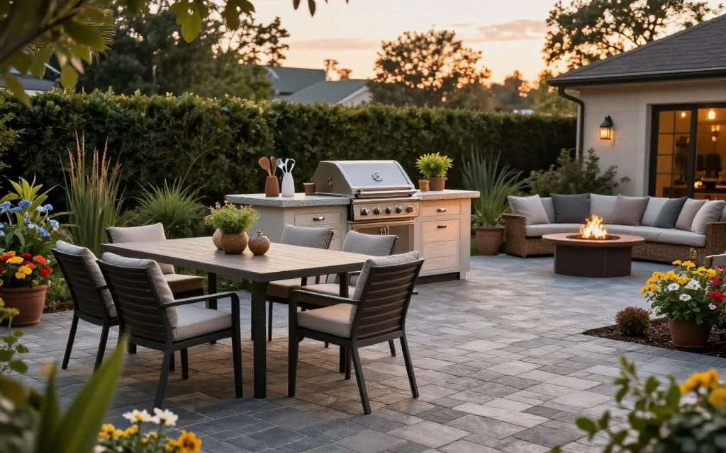 Outdoor living spaces are showcased in a beautifully designed paver patio, artfully divided into areas for cooking and lounging. In the foreground, a stylish outdoor dining set with plush cushions invites relaxation, surrounded by lush greenery and colorful flowers. The middle ground features a sleek built-in grill and countertop, complete with decorative utensils and potted herbs, emphasizing a functional cooking zone. In the background, soft evening light casts a warm glow over a fire pit surrounded by comfortable seating, highlighting the cozy atmosphere. A low-angle perspective captures the inviting layout, while golden hour lighting enhances the colors and textures, creating a harmonious balance between nature and design. The overall mood is tranquil and inviting, ideal for outdoor gatherings. Outdoor living spaces are showcased in a beautifully designed paver patio, artfully divided into areas for cooking and lounging. In the foreground, a stylish outdoor dining set with plush cushions invites relaxation, surrounded by lush greenery and colorful flowers. The middle ground features a sleek built-in grill and countertop, complete with decorative utensils and potted herbs, emphasizing a functional cooking zone. In the background, soft evening light casts a warm glow over a fire pit surrounded by comfortable seating, highlighting the cozy atmosphere. A low-angle perspective captures the inviting layout, while golden hour lighting enhances the colors and textures, creating a harmonious balance between nature and design. The overall mood is tranquil and inviting, ideal for outdoor gatherings.
