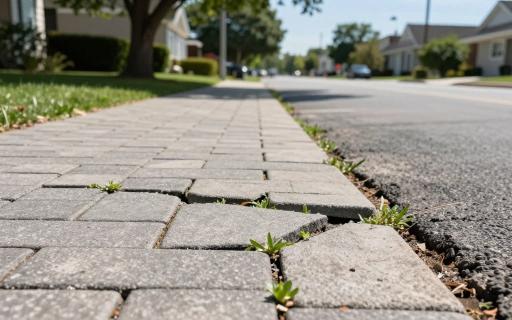 Outdoor paving in a residential area, showcasing a cracked walkway and driveway in need of repair. In the foreground, a close-up view of the damaged paving stones, emphasizing the cracks with visible weeds growing between them. The middle section features a wider perspective of the walkway and driveway, with a tree line providing partial shade. The background contains a well-maintained lawn and a clear blue sky, suggesting a sunny day. Soft, natural lighting casts gentle shadows, creating a realistic atmosphere. The mood reflects concern and the need for maintenance, inviting viewers to assess the state of outdoor paving. The image should be framed from a low angle to highlight the imperfections while keeping the focus on the paving materials. Outdoor paving in a residential area, showcasing a cracked walkway and driveway in need of repair. In the foreground, a close-up view of the damaged paving stones, emphasizing the cracks with visible weeds growing between them. The middle section features a wider perspective of the walkway and driveway, with a tree line providing partial shade. The background contains a well-maintained lawn and a clear blue sky, suggesting a sunny day. Soft, natural lighting casts gentle shadows, creating a realistic atmosphere. The mood reflects concern and the need for maintenance, inviting viewers to assess the state of outdoor paving. The image should be framed from a low angle to highlight the imperfections while keeping the focus on the paving materials.