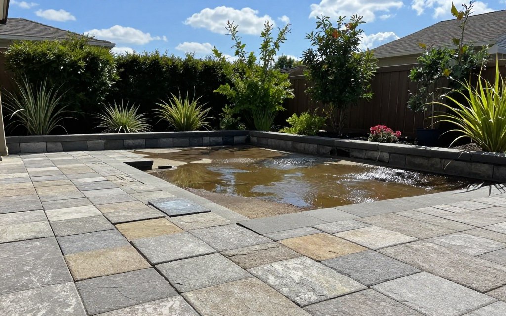 Patio installation with paver stones is the focus, showcasing a partially completed outdoor space designed for both cooking and lounging. In the foreground, display a variety of paver stones arranged on the ground, with some slightly uneven or misaligned to highlight improper drainage solutions. In the middle ground, include a small section showing water pooling in an area without adequate slope, with puddles reflecting sunlight. Surrounding plants should be lush but not overcrowded. In the background, depict a clear blue sky with soft clouds, casting diffused sunlight over the scene. The atmosphere is one of a sunny day, but with a hint of concern due to the water accumulation. Capture the image from a slightly elevated angle to emphasize the layout and drainage issues effectively. Patio installation with paver stones is the focus, showcasing a partially completed outdoor space designed for both cooking and lounging. In the foreground, display a variety of paver stones arranged on the ground, with some slightly uneven or misaligned to highlight improper drainage solutions. In the middle ground, include a small section showing water pooling in an area without adequate slope, with puddles reflecting sunlight. Surrounding plants should be lush but not overcrowded. In the background, depict a clear blue sky with soft clouds, casting diffused sunlight over the scene. The atmosphere is one of a sunny day, but with a hint of concern due to the water accumulation. Capture the image from a slightly elevated angle to emphasize the layout and drainage issues effectively.