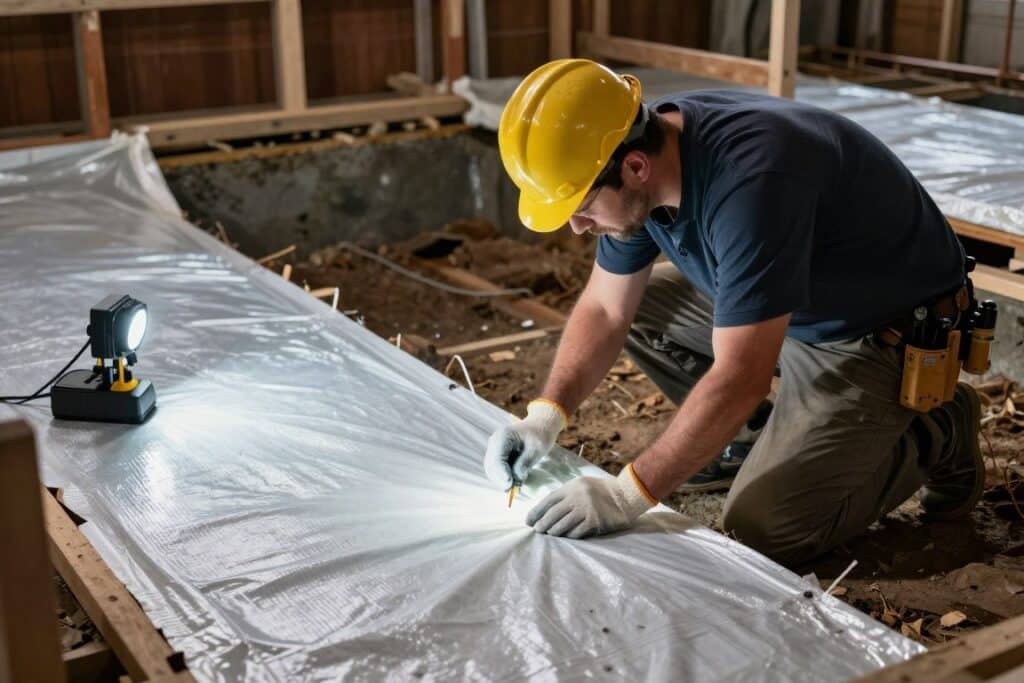 Professional performing crawl space repair work in Ludlow basement