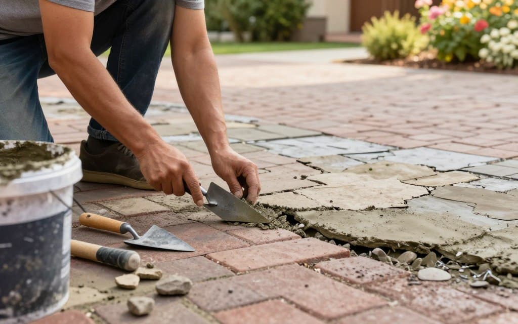 Repairing a stone walk or brick driveway, a close-up scene showcasing a person in modest casual attire carefully applying a repair compound to a cracked section of a textured brick driveway. The foreground features work tools like a trowel, a bucket of mortar, and loose stones scattered around. In the middle ground, larger sections of the driveway display freshly repaired areas beside older, distressed patches, emphasizing the contrast. The background includes a well-kept garden with green shrubs and flowering plants under soft, natural sunlight, creating a warm and inviting atmosphere. The angle captures the action from a slightly elevated perspective, allowing for a clear view of both the repair process and the surrounding landscape, highlighting the choice of materials in detail. The mood is focused and productive, conveying a sense of improvement and care. Repairing a stone walk or brick driveway, a close-up scene showcasing a person in modest casual attire carefully applying a repair compound to a cracked section of a textured brick driveway. The foreground features work tools like a trowel, a bucket of mortar, and loose stones scattered around. In the middle ground, larger sections of the driveway display freshly repaired areas beside older, distressed patches, emphasizing the contrast. The background includes a well-kept garden with green shrubs and flowering plants under soft, natural sunlight, creating a warm and inviting atmosphere. The angle captures the action from a slightly elevated perspective, allowing for a clear view of both the repair process and the surrounding landscape, highlighting the choice of materials in detail. The mood is focused and productive, conveying a sense of improvement and care.