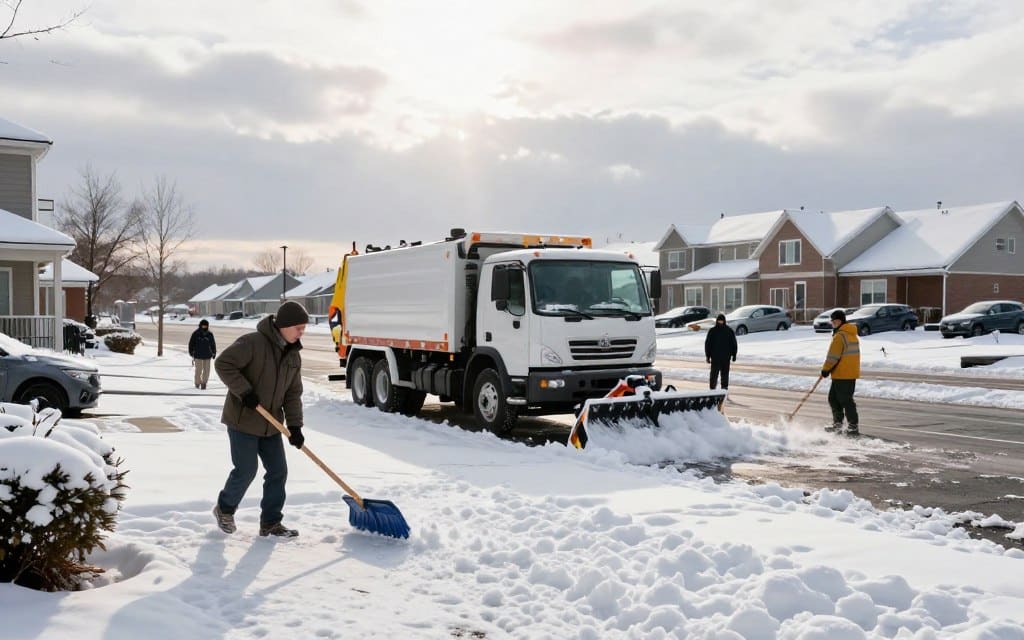 Residential vs. Commercial Snow Removal Needs, depicted in a split-scene format. In the foreground, highlight a residential driveway with a homeowner using a snow shovel, dressed in warm, professional attire, focused on clearing the snow. The middle ground features a commercial snow removal truck effectively clearing a parking lot, showcasing larger equipment and a team of workers in uniforms. In the background, a suburban neighborhood contrasts with a commercial building, both covered in a fresh, white layer of snow. Maintain a bright, chilly winter atmosphere with soft sunlight filtering through clouds, casting shadows that accentuate the textures of snow. Use a wide-angle lens to capture the entire scene, creating a sense of depth and perspective. Residential vs. Commercial Snow Removal Needs, depicted in a split-scene format. In the foreground, highlight a residential driveway with a homeowner using a snow shovel, dressed in warm, professional attire, focused on clearing the snow. The middle ground features a commercial snow removal truck effectively clearing a parking lot, showcasing larger equipment and a team of workers in uniforms. In the background, a suburban neighborhood contrasts with a commercial building, both covered in a fresh, white layer of snow. Maintain a bright, chilly winter atmosphere with soft sunlight filtering through clouds, casting shadows that accentuate the textures of snow. Use a wide-angle lens to capture the entire scene, creating a sense of depth and perspective.