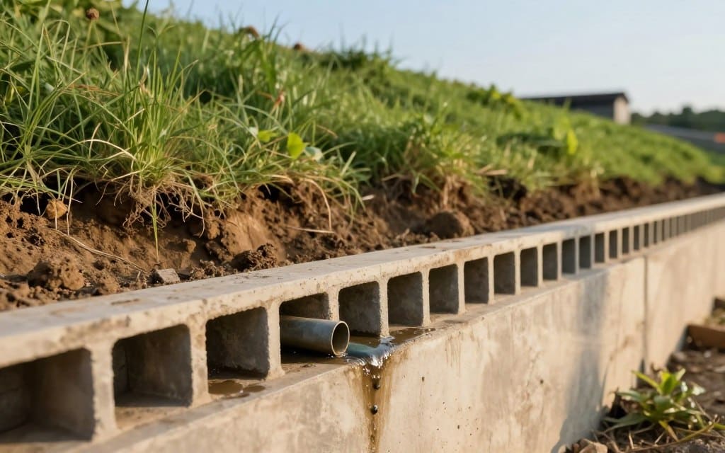 Retaining wall drainage system depicted in a detailed construction setting. In the foreground, focus on a section of an engineered retaining wall, designed with slotted drainage pipes protruding, showing signs of water accumulation. The middle ground features a lush, green landscape with soil that is slightly eroded, highlighting the impact of trapped water. In the background, a clear blue sky provides natural sunlight, illuminating the scene with soft, warm tones. A slight angle captures the wall's structure, emphasizing its purpose against the hillside. The mood conveys urgency and concern about water management, illustrating the importance of proper drainage to prevent retaining wall failure. Retaining wall drainage system depicted in a detailed construction setting. In the foreground, focus on a section of an engineered retaining wall, designed with slotted drainage pipes protruding, showing signs of water accumulation. The middle ground features a lush, green landscape with soil that is slightly eroded, highlighting the impact of trapped water. In the background, a clear blue sky provides natural sunlight, illuminating the scene with soft, warm tones. A slight angle captures the wall's structure, emphasizing its purpose against the hillside. The mood conveys urgency and concern about water management, illustrating the importance of proper drainage to prevent retaining wall failure.