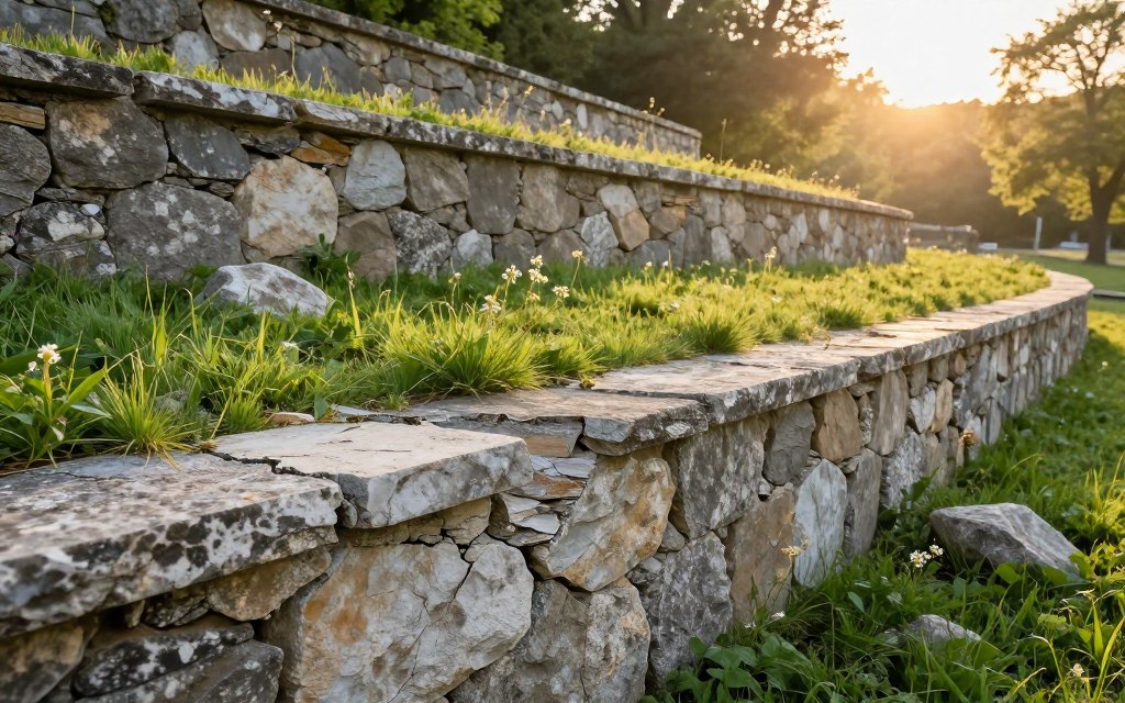Retaining walls are the focus of this image, showcasing a weathered stone structure built into a sloped landscape. In the foreground, cracked and eroded surfaces reveal signs of wear, highlighting potential failure. The middle ground features vibrant green grass and small wildflowers that contrast the aging wall, while a few scattered rocks add to the natural setting. In the background, soft golden sunlight filters through trees, creating a warm, inviting atmosphere and casting gentle shadows. The angle is slightly elevated, providing a clear view of the wall's structure and its surroundings, allowing viewers to grasp the wall's condition and the landscape's beauty. The mood conveys both serenity and underlying concern, inviting careful observation. Retaining walls are the focus of this image, showcasing a weathered stone structure built into a sloped landscape. In the foreground, cracked and eroded surfaces reveal signs of wear, highlighting potential failure. The middle ground features vibrant green grass and small wildflowers that contrast the aging wall, while a few scattered rocks add to the natural setting. In the background, soft golden sunlight filters through trees, creating a warm, inviting atmosphere and casting gentle shadows. The angle is slightly elevated, providing a clear view of the wall's structure and its surroundings, allowing viewers to grasp the wall's condition and the landscape's beauty. The mood conveys both serenity and underlying concern, inviting careful observation.
