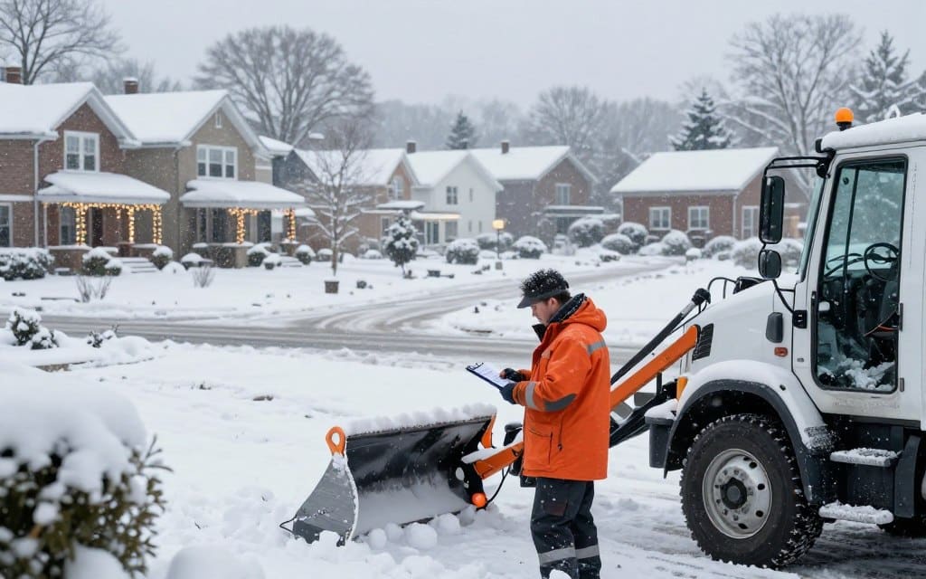 Seasonal contracts for snow removal in Ludlow depicted in a detailed scene set during winter. In the foreground, a professional-looking snow removal contractor in a bright orange winter jacket is reviewing a contract on a clipboard, standing next to a snow-clearing truck equipped with a plow. The middle ground features a snow-covered suburban neighborhood with neatly piled snow and a few houses decorated with festive lights, emphasizing the seasonal atmosphere. In the background, gently falling snowflakes are illuminated by soft, diffused daylight, creating a serene and calm mood. Capture the scene from a slightly elevated angle to show the breadth of the neighborhood, highlighting both the contractor’s focus and the peaceful winter setting. The overall ambiance should reflect professionalism and readiness for the season's challenges. Seasonal contracts for snow removal in Ludlow depicted in a detailed scene set during winter. In the foreground, a professional-looking snow removal contractor in a bright orange winter jacket is reviewing a contract on a clipboard, standing next to a snow-clearing truck equipped with a plow. The middle ground features a snow-covered suburban neighborhood with neatly piled snow and a few houses decorated with festive lights, emphasizing the seasonal atmosphere. In the background, gently falling snowflakes are illuminated by soft, diffused daylight, creating a serene and calm mood. Capture the scene from a slightly elevated angle to show the breadth of the neighborhood, highlighting both the contractor’s focus and the peaceful winter setting. The overall ambiance should reflect professionalism and readiness for the season's challenges.
