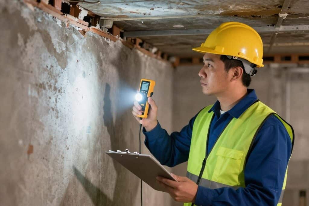 St. Clair Landscaping inspector examining basement in Ludlow home