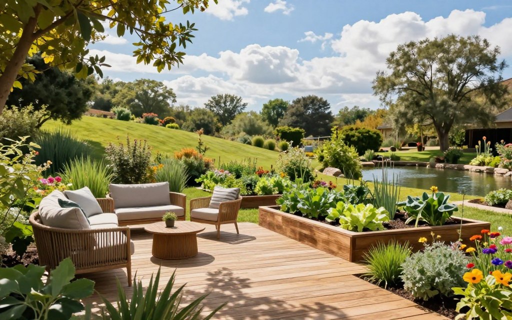 Sustainable outdoor living and garden landscaping evoke an inviting, eco-friendly atmosphere. In the foreground, a cozy, organic wooden deck is adorned with comfortable, modest outdoor furniture surrounded by lush, native plants and colorful flowers. In the middle ground, a small vegetable patch and herb garden thrive in raised beds made of reclaimed materials, showcasing biodiversity. The background features a gentle slope leading to a serene pond, bordered by verdant shrubs and trees, under a bright blue sky with soft, fluffy clouds. Warm sunlight filters through the leaves, casting dappled shadows, creating a tranquil and harmonious mood. Capture this scene with a wide-angle lens to embrace the expansive beauty of sustainable design and invite viewers into this peaceful oasis.