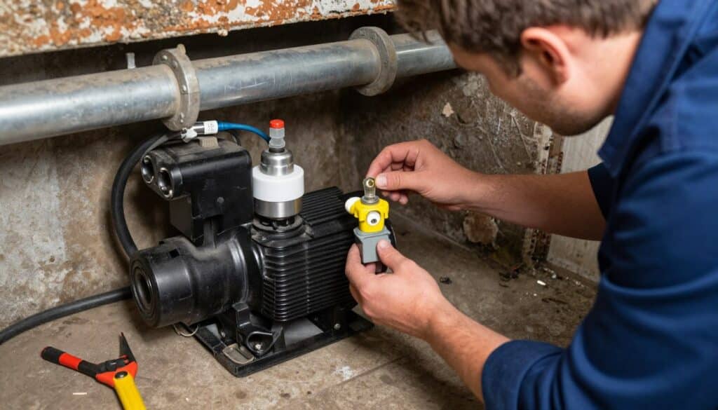 Technician performing sump pump maintenance service in Ludlow