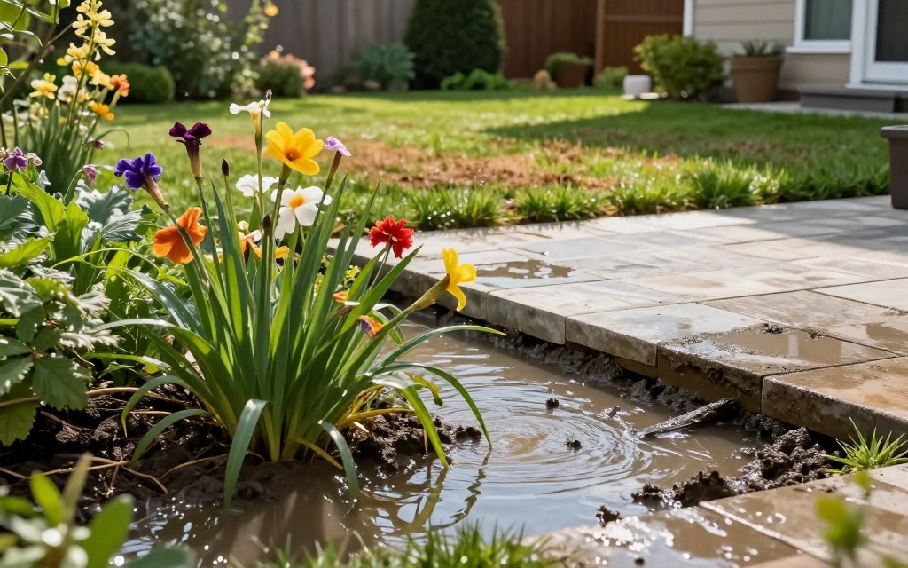 The impact of pooling water on residential landscapes is vividly illustrated in this scene. In the foreground, a lush garden bed, slightly flooded with standing water, highlights the effects of poor drainage. Bright flowers lean towards the water, while some have drooped due to over-saturation. The middle ground features a modern patio made of stone, contrasting with the muddy patches forming around its edges. A well-maintained lawn stretches behind, with areas of browning grass indicating saturation issues. In the background, a clear sky dapples sunlight, casting soft shadows across the landscape. The scene captures a sense of unease and concern over the importance of proper drainage in residential areas, with a focus on both beauty and potential damage. The atmosphere is tranquil yet tense, inviting viewers to reflect on nature's impact on suburban living. The impact of pooling water on residential landscapes is vividly illustrated in this scene. In the foreground, a lush garden bed, slightly flooded with standing water, highlights the effects of poor drainage. Bright flowers lean towards the water, while some have drooped due to over-saturation. The middle ground features a modern patio made of stone, contrasting with the muddy patches forming around its edges. A well-maintained lawn stretches behind, with areas of browning grass indicating saturation issues. In the background, a clear sky dapples sunlight, casting soft shadows across the landscape. The scene captures a sense of unease and concern over the importance of proper drainage in residential areas, with a focus on both beauty and potential damage. The atmosphere is tranquil yet tense, inviting viewers to reflect on nature's impact on suburban living.