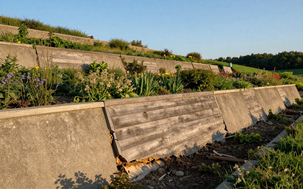 Tilting retaining walls in a serene landscape, showcasing a mix of materials like concrete and timber. In the foreground, emphasize the wall at an exaggerated angle, revealing small cracks and soil erosion at its base. The middle ground features an overgrown garden that transitions into the wall, with wildflowers adding a touch of color. The background includes a gentle slope leading to a distant tree line under a clear blue sky, creating a contrast to the wall's distress. Use warm, natural lighting to highlight the textures of the materials and the detail in the erosion. The mood is contemplative, evoking concern for structural integrity while surrounded by nature's resilience. Tilting retaining walls in a serene landscape, showcasing a mix of materials like concrete and timber. In the foreground, emphasize the wall at an exaggerated angle, revealing small cracks and soil erosion at its base. The middle ground features an overgrown garden that transitions into the wall, with wildflowers adding a touch of color. The background includes a gentle slope leading to a distant tree line under a clear blue sky, creating a contrast to the wall's distress. Use warm, natural lighting to highlight the textures of the materials and the detail in the erosion. The mood is contemplative, evoking concern for structural integrity while surrounded by nature's resilience.
