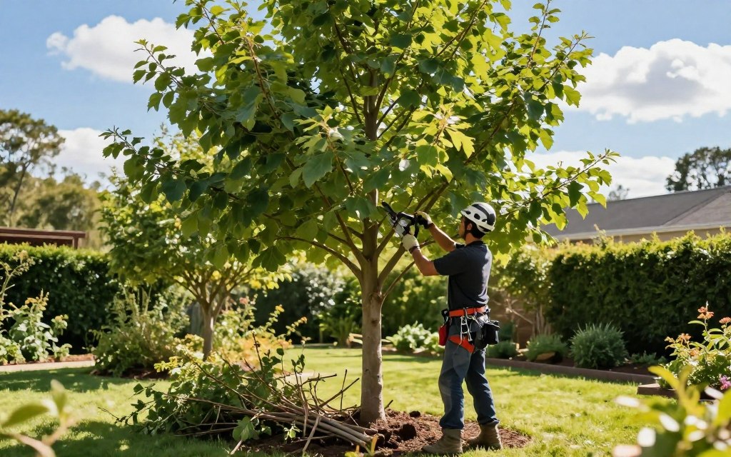 Tree trimming in progress, showcasing a well-groomed garden area. In the foreground, a professional arborist wearing safety gear, including a hard hat and gloves, meticulously trims branches from a tall, lush green tree with a pruning saw. The middle ground features neatly stacked, pruned branches beside the tree, demonstrating the importance of care and maintenance. The background portrays a bright, sunny day with blue skies and a few fluffy clouds, adding an uplifting atmosphere. Soft, dappled sunlight filters through the leaves, casting gentle shadows on the ground, enhancing the mood of a productive landscaping task. The entire scene should convey a sense of order and professionalism, indicating the significance of proper tree maintenance. Tree trimming in progress, showcasing a well-groomed garden area. In the foreground, a professional arborist wearing safety gear, including a hard hat and gloves, meticulously trims branches from a tall, lush green tree with a pruning saw. The middle ground features neatly stacked, pruned branches beside the tree, demonstrating the importance of care and maintenance. The background portrays a bright, sunny day with blue skies and a few fluffy clouds, adding an uplifting atmosphere. Soft, dappled sunlight filters through the leaves, casting gentle shadows on the ground, enhancing the mood of a productive landscaping task. The entire scene should convey a sense of order and professionalism, indicating the significance of proper tree maintenance.
