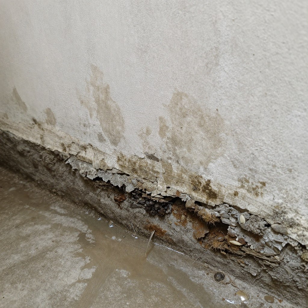 basement wall showing water damage and mold growth