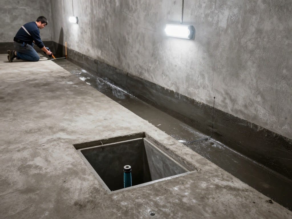 basement waterproofing installation showing interior drainage system