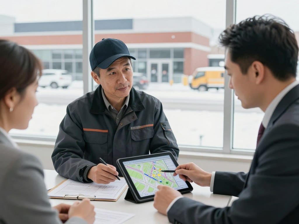 business owner discussing snow removal service plan with St. Clair Landscaping representative