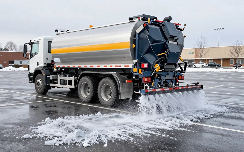 commercial grade ice melt being applied to business parking lot in Ludlow