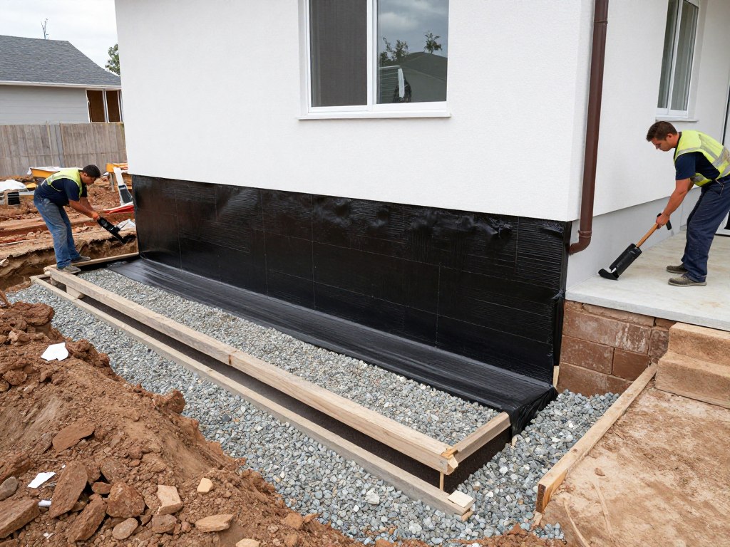 exterior foundation waterproofing with drainage system installation