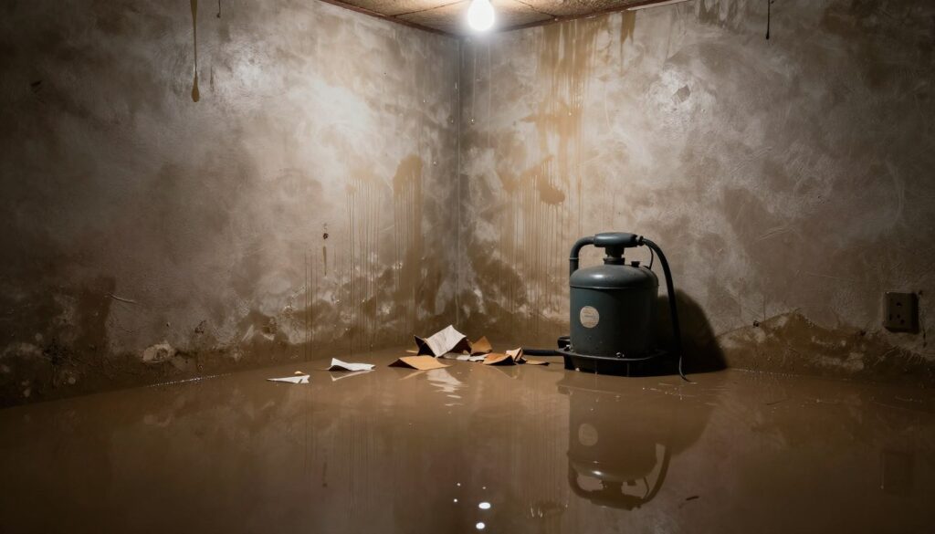flooded basement showing water damage and drainage problems