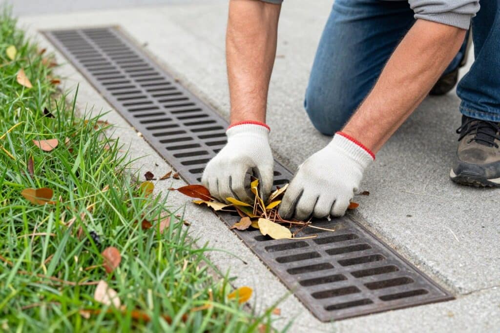homeowner performing drainage system maintenance