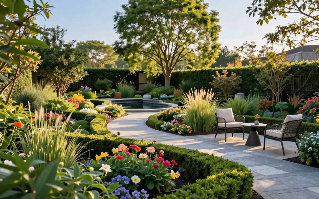landscape design featuring a harmonious garden with flourishing plants and well-structured pathways. In the foreground, a variety of colorful flowers and neatly trimmed hedges create a welcoming space, while a small seating area with elegant patio furniture invites relaxation. The middle section showcases a meandering stone path leading to a serene water feature, surrounded by lush greenery and ornamental grasses. The background includes tall trees offering shade and a clear blue sky, enhancing the tranquil atmosphere. The lighting is soft and warm, mimicking golden hour, casting gentle shadows that highlight the garden's textures. The overall mood is peaceful and inviting, promoting a sense of outdoor tranquility and thoughtful landscaping solutions. landscape design featuring a harmonious garden with flourishing plants and well-structured pathways. In the foreground, a variety of colorful flowers and neatly trimmed hedges create a welcoming space, while a small seating area with elegant patio furniture invites relaxation. The middle section showcases a meandering stone path leading to a serene water feature, surrounded by lush greenery and ornamental grasses. The background includes tall trees offering shade and a clear blue sky, enhancing the tranquil atmosphere. The lighting is soft and warm, mimicking golden hour, casting gentle shadows that highlight the garden's textures. The overall mood is peaceful and inviting, promoting a sense of outdoor tranquility and thoughtful landscaping solutions.